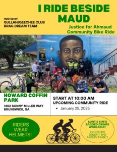 yellow background; mural of Ahmaud Arbery with a blue sky behind him on brick wall. Group of bike riders with bicycles in foreground