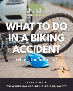 "What to do in a biking accident - What's the protocol?" with a crashed bike and blue helmet in background, corner of white vehicle visit in background"