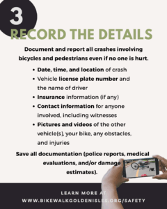 "3: Record the details" hands holding cell phone taking picture of bike crash