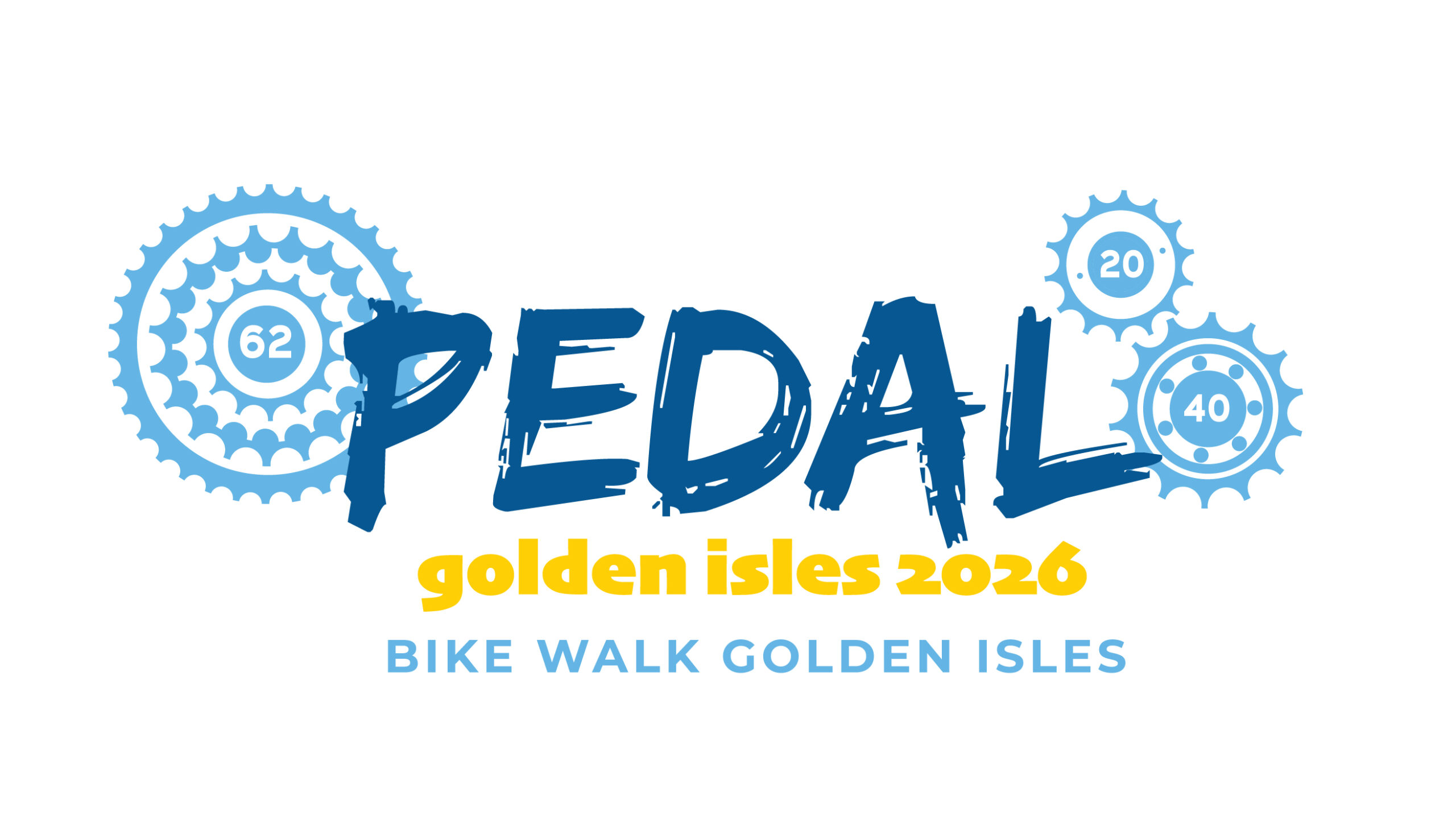 Three light blue cogs and chainrings in the background, with "PEDAL" in deeper blue, "golden isles 2026" in yellow, and "Bike Walk Golden Isles" in light blue in the foreground